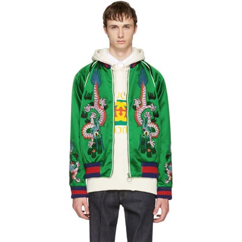 gucci green embroidered silk bomber jacket|Gucci men's denim trucker jacket.